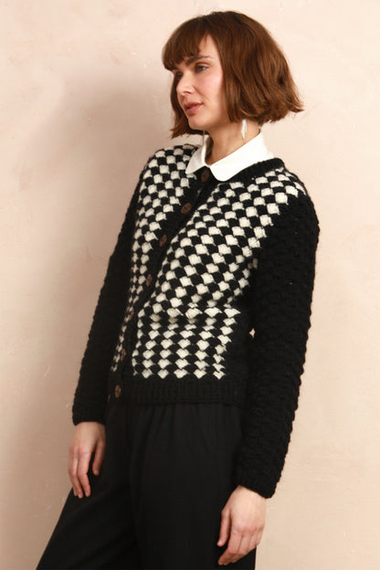 Two-Tone Hand-Crocheted Cardigan - Black & White - 100% Sheep Wool