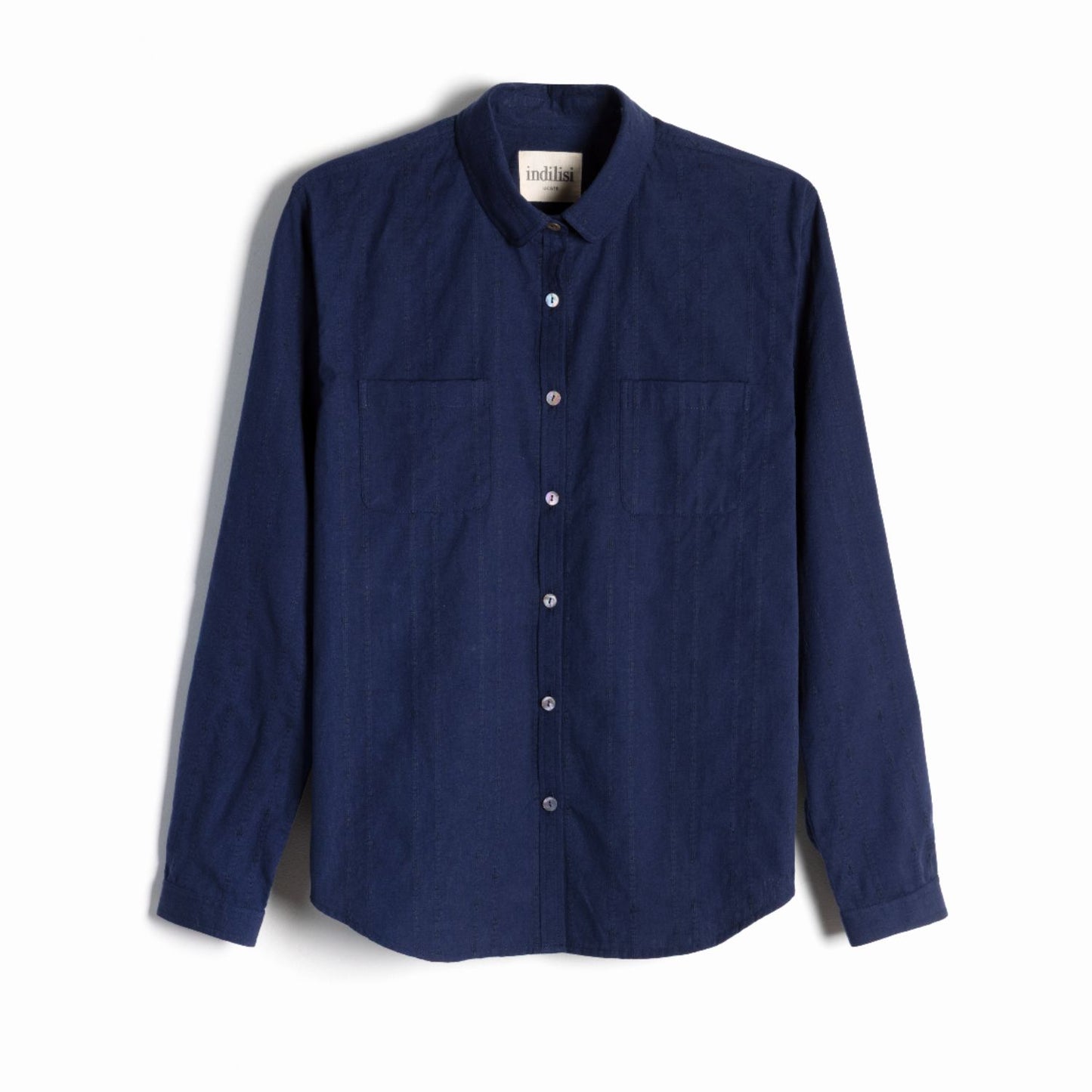 Studio product shot of the deep navy Sylvia Shirt button-down top