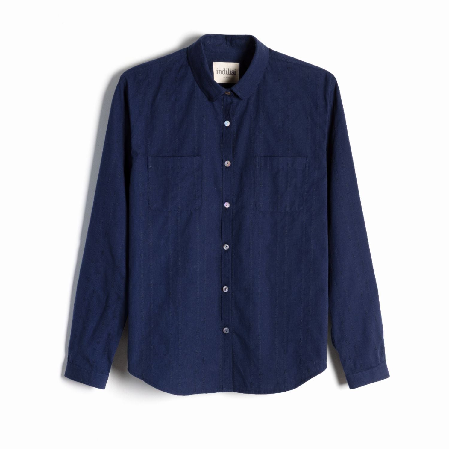 Studio product shot of the deep navy Sylvia Shirt button-down top