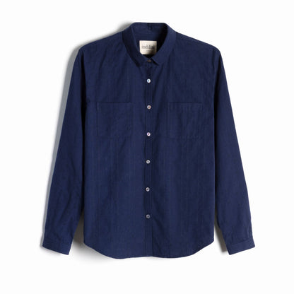 Studio product shot of the deep navy Sylvia Shirt button-down top