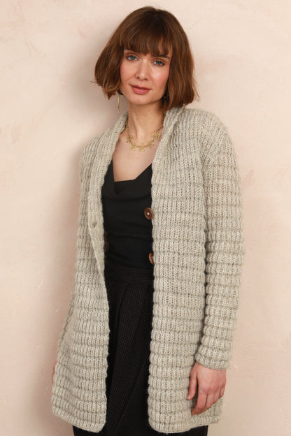 Model wearing the cozy Waffle Longline Cardigan