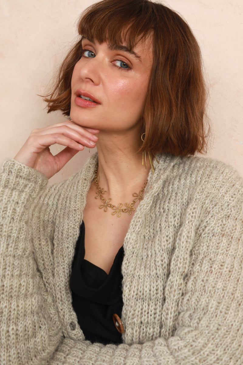 Model wearing the cozy Waffle Longline Cardigan