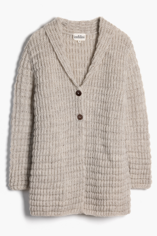 Studio flat lay shot of the hand-knit Waffle Longline Cardigan with natural wooden buttons